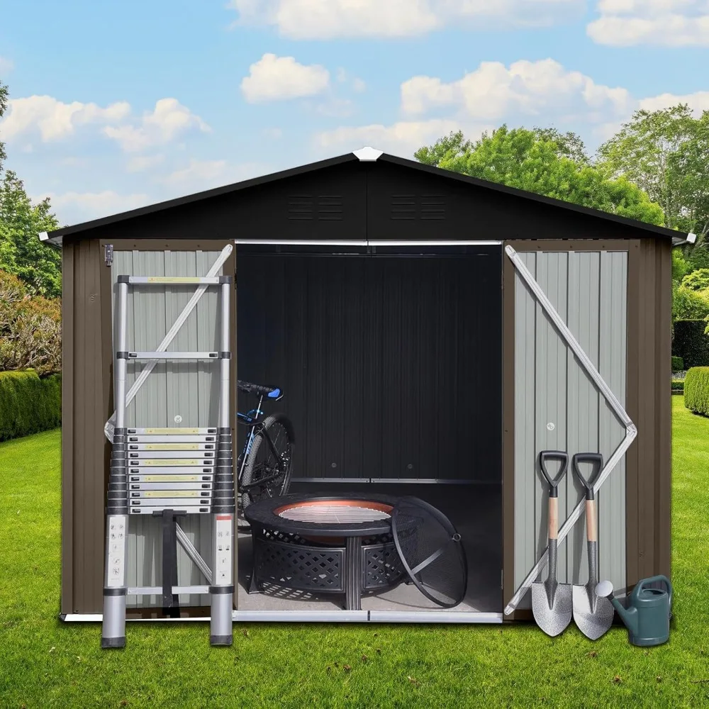 10x8ft Outdoor Storage Shed, All Weather Metal Sheds with Metal Foundation 2 Lockable Doors,Tool Shed Outdoor Storage for Garden