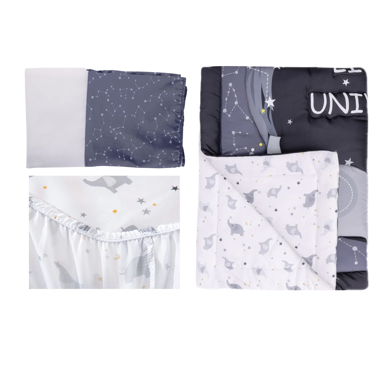 3Pcs Space Theme Baby Bedding Set for Boys Girls Standard Size Soft Cot Bedding Set (Comforter Fitted Sheet Crib Skirt)