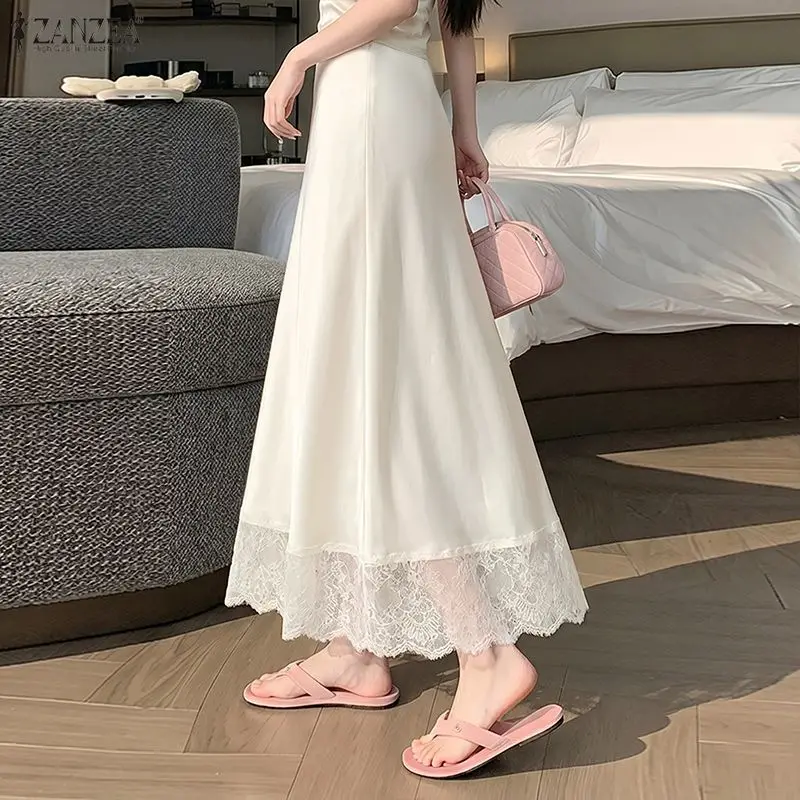 ZANZEA Summer Solid Color Satin Overskirts Women Elegant Lace Patchwork Skirts Stylish Party Faldas Saia A-line OL Work Jupe