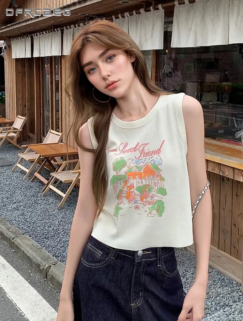 

Gray Print Knitted Sleeveless Camisole Summer Casual Soft Vest Slim Stretch Tank Top For Women