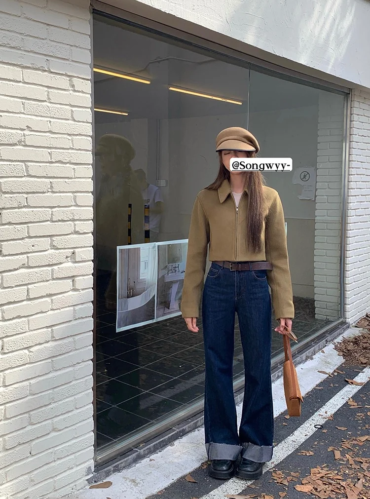 Soolrok Vintage High Waist Wide Leg Jeans Women's Cuffed Bootcut Slimming Long Trousers Boston Morning Style Deep Color