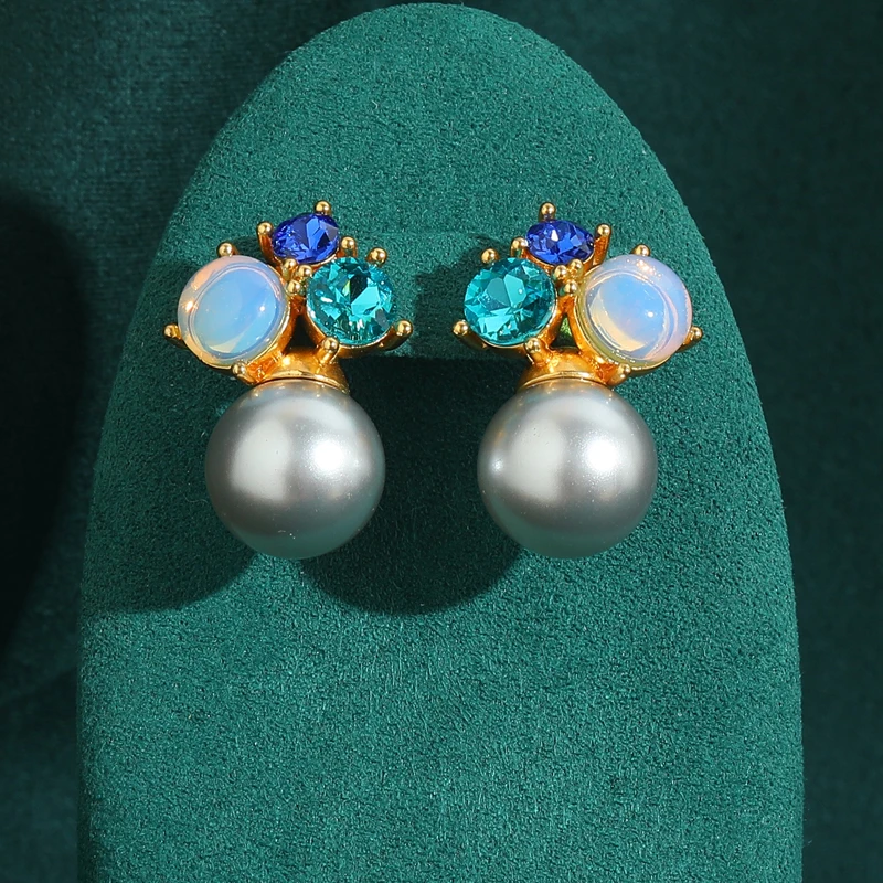 Antique Jewelry Blue Crystal Gold Color Opal Grey Real Pearl Earrings for Woman Vintage Luxury Wedding Christmas Dress New In