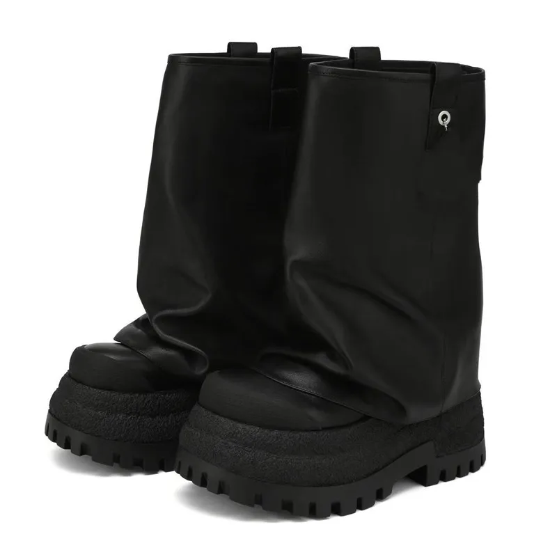 2025 النساء حذاء من الجلد للمرأة جولة تو سميكة القاع منتصف العجل الخريف الشتاء أحذية Mujer الارتفاع زيادة منصة الأحذية #5