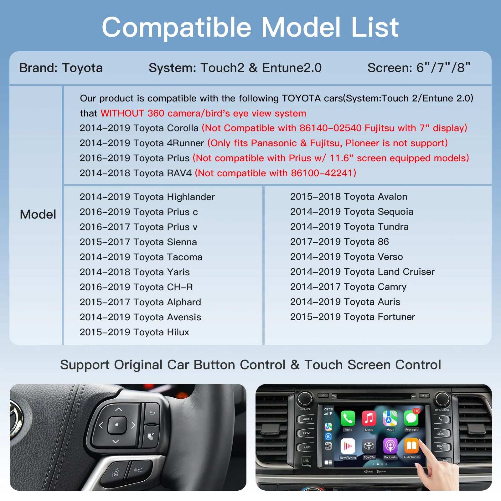 New Wireless Carplay Android Auto for TOYOTA Touch2 Entune2.0 System Corolla Tacoma Camry Avalon Prius Upgrade Module Decoder