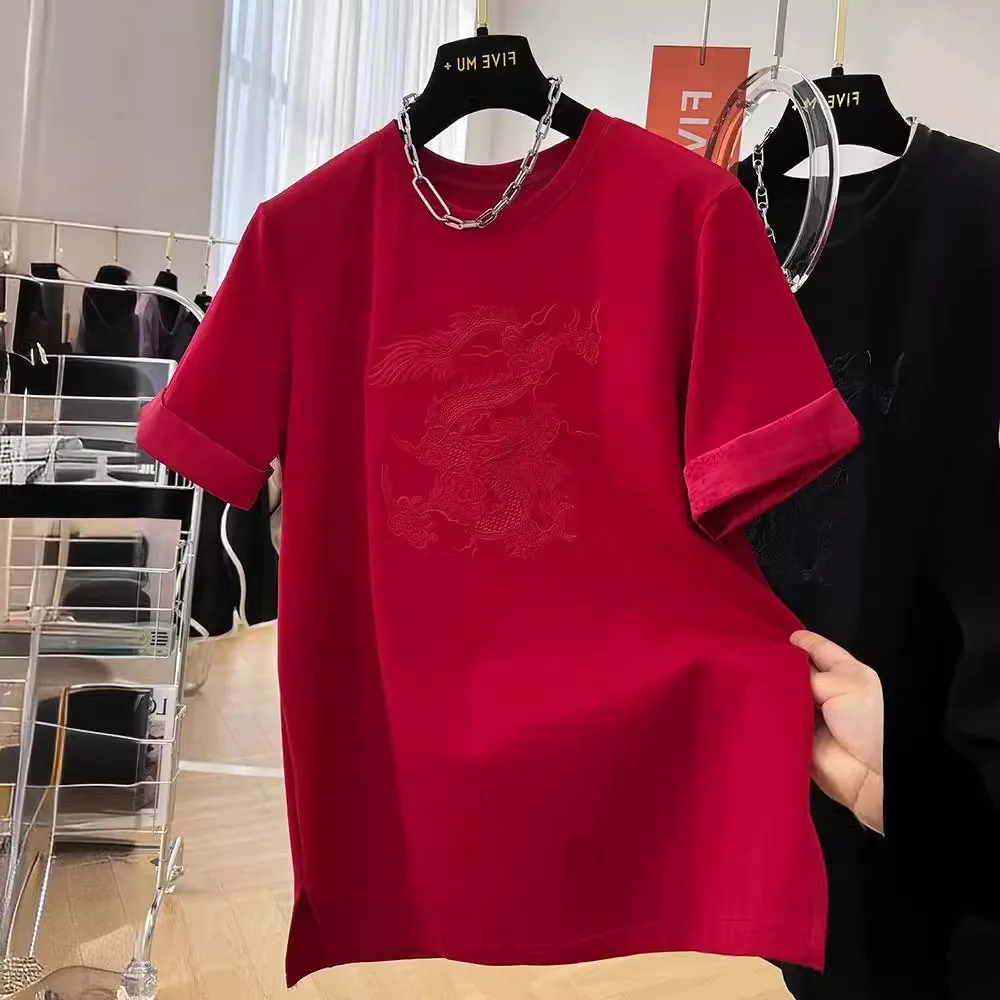 2024 New Embroidery the Year of the Loong Short Sleeve Red T-shirt Women's Spring Edition T-shirt Top