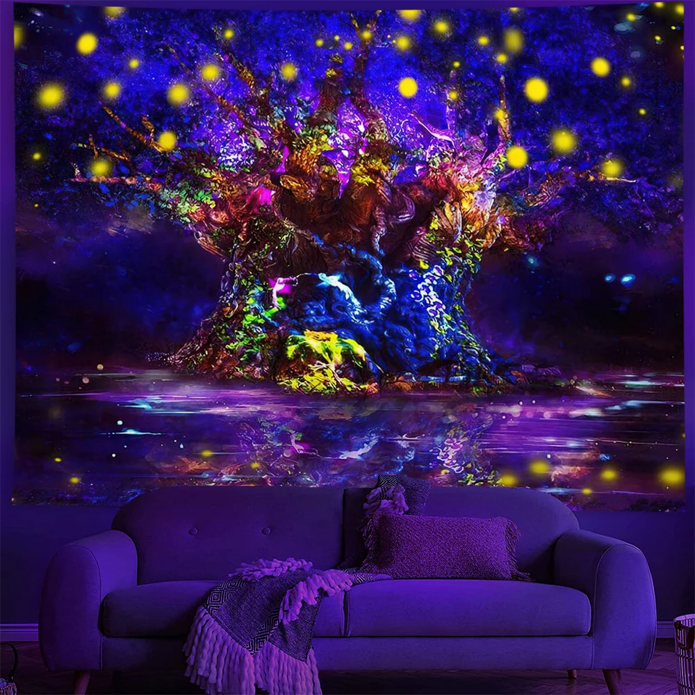 Black Light Skull Starry Sky Mandala Tapestry Wall Hanging UV Reactive Trippy Skeleton Floral Moon Tapestries Home Decor