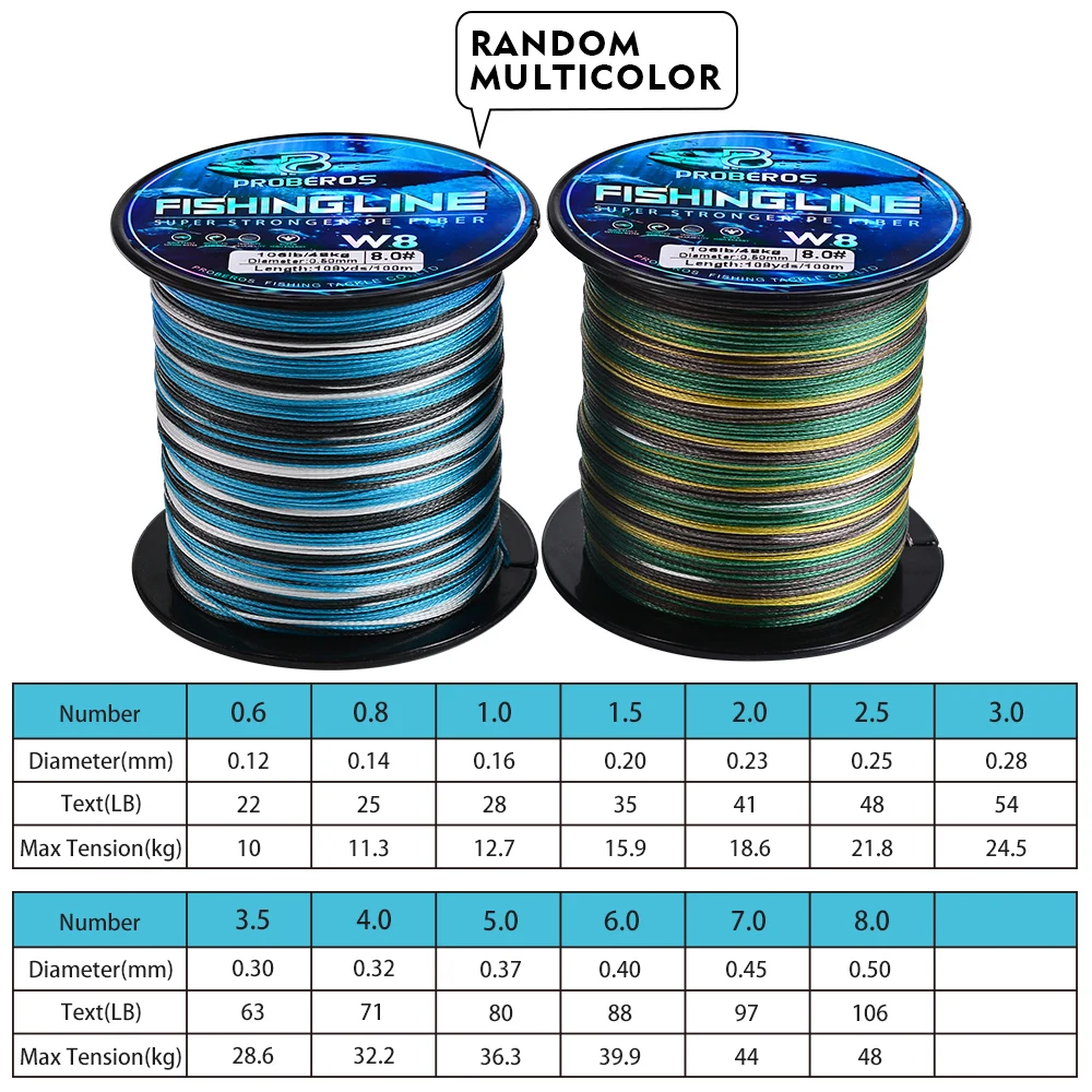 Proberos 8-ستراند خط الصيد متعدد الشعيرات PE المضادة للتآكل خط مضفر الأزرق كامو 20-106LB 109yds
