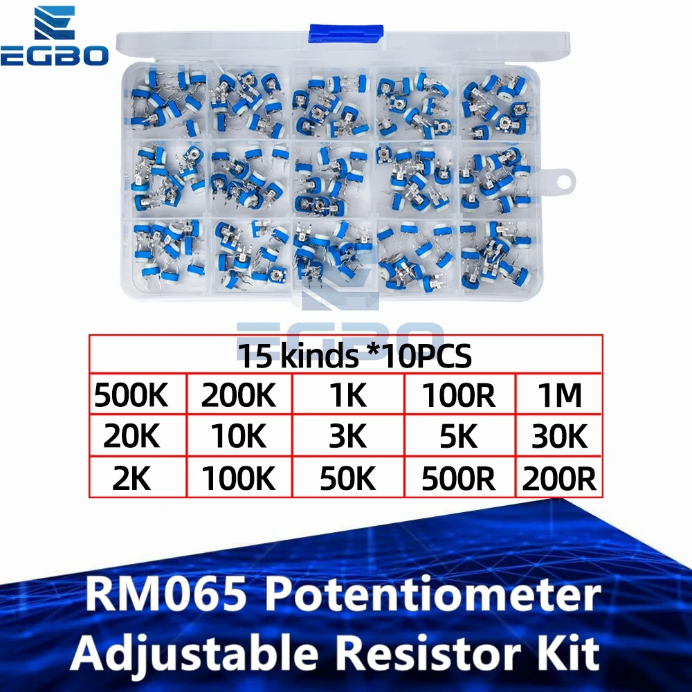 150PCS Variable Resistor Boxed RM065 Potentiometer Adjustable Resistor Kit 500k 200k 1K 100R 1M 20K 10K 500R 50K 5K 200R 30K