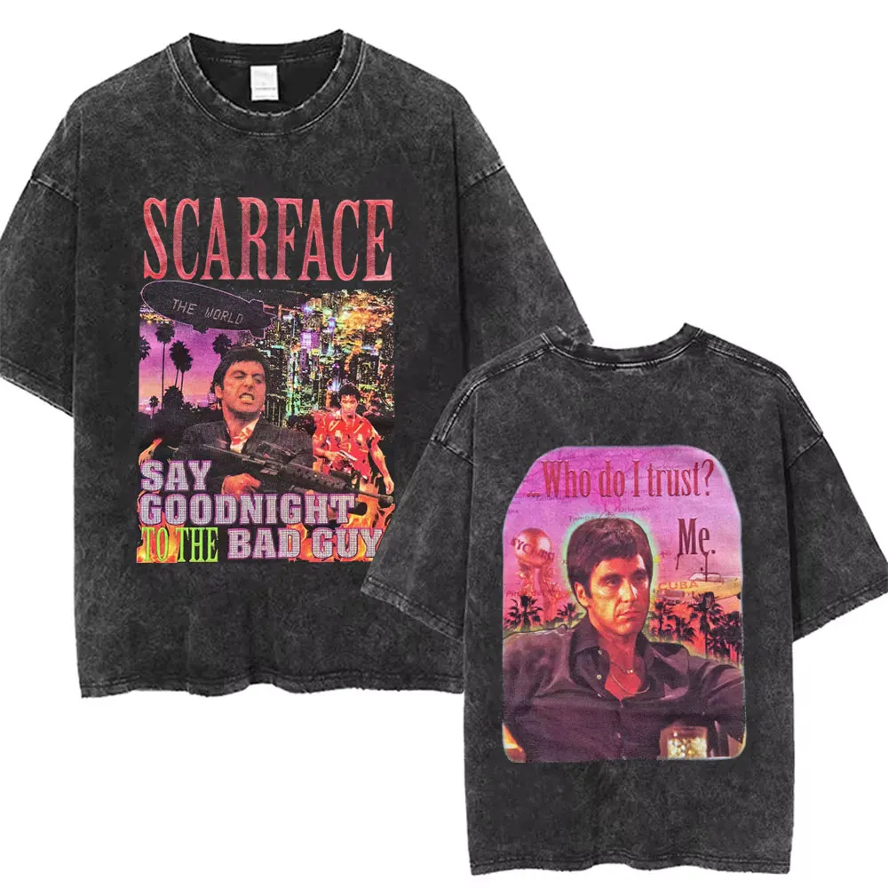 90s Classic Gangsters Movie Scarface Tony Montana Washed Vintage T-shirt Al Pacino Graphic T-shirts Men Rock Oversized T Shirts
