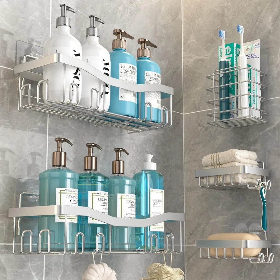 

Adhesive Shower Caddy No Drilling Bath Organizers 5 Pack Rustproof Shelves with Soap Holder and Toothbrush Holder Bathroom Orga