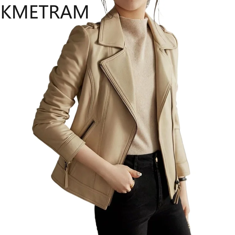 

KMETRAM Real Sheepskin Leather Jacket Woman Beige Short Moto Jackets Genuine Leather Coat Spring Autumn Women Clothes 2026 양가죽코트