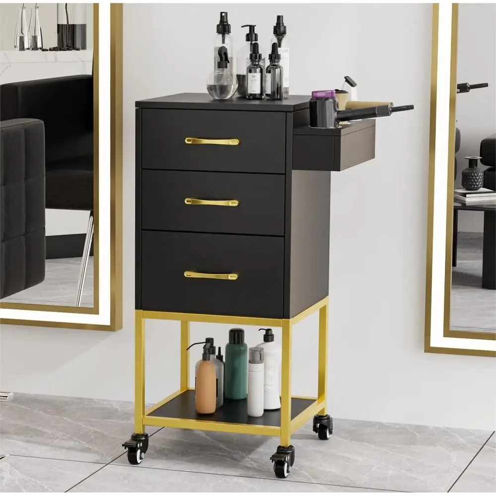 

Trolley Cart with Wheels, Station or Stylist, Hair Storage Cabinet with Dryer Holder and Open Shelves, Barbershop Organizer Equi