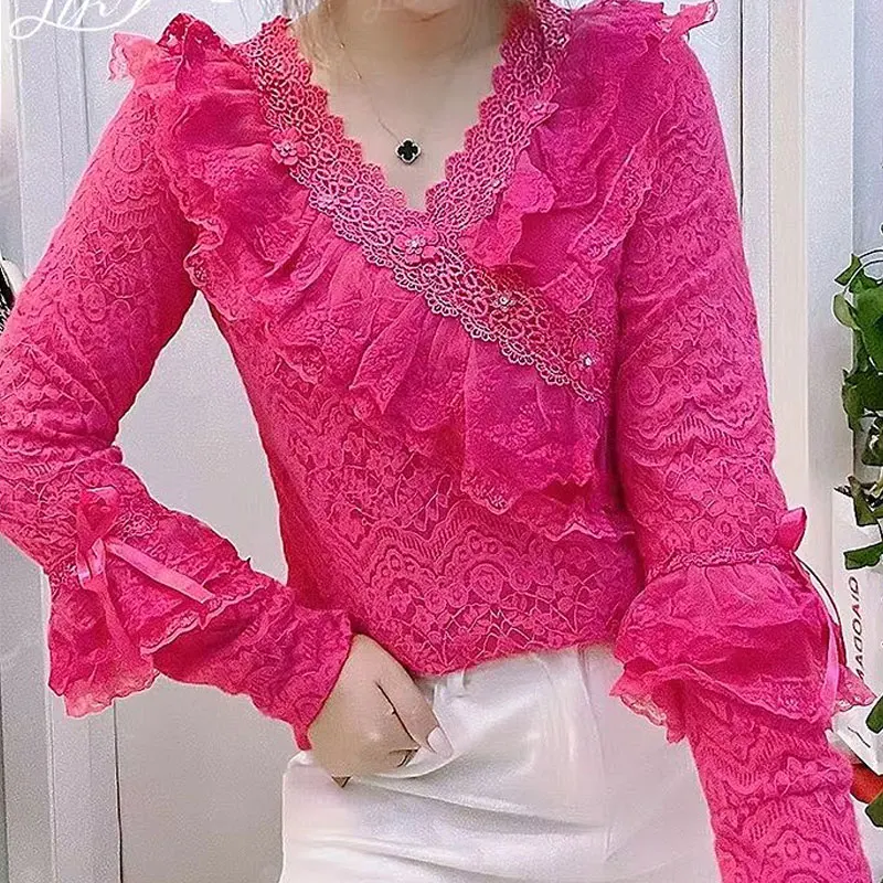 Spring Autumn Lace Ruffles Spliced Shirt Vintage Hollow Out Elegant V-Neck Female Clothing Stylish Bow Asymmetrical Slim Blouse