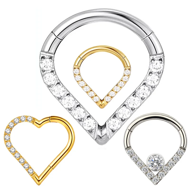 G23 Titanium Earring Piercing Septum Nose Ring Hinged Clicke Heart Shape Segment CZ Pave Lip Ring Ear Cartilage Tragus Jewelry