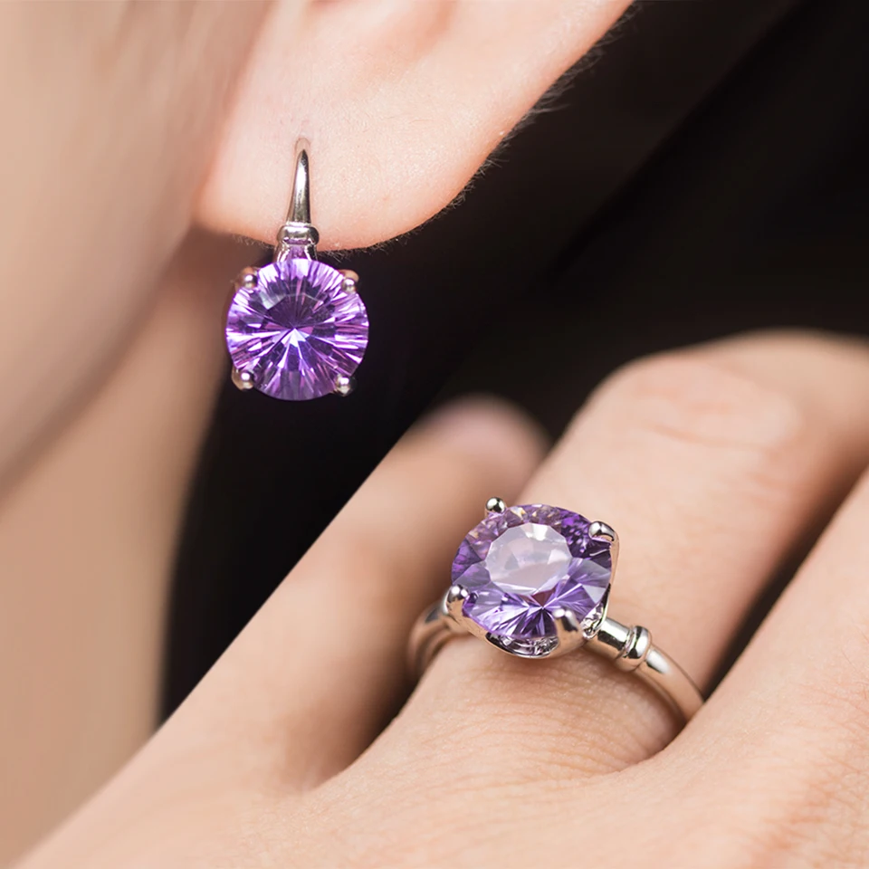 Real 925 Sterling Silver Natural Amethyst Jewelry Sets English Clasp Earrings Ring 10.0mm Gemstone for Woman Mom Chirstmas Gift