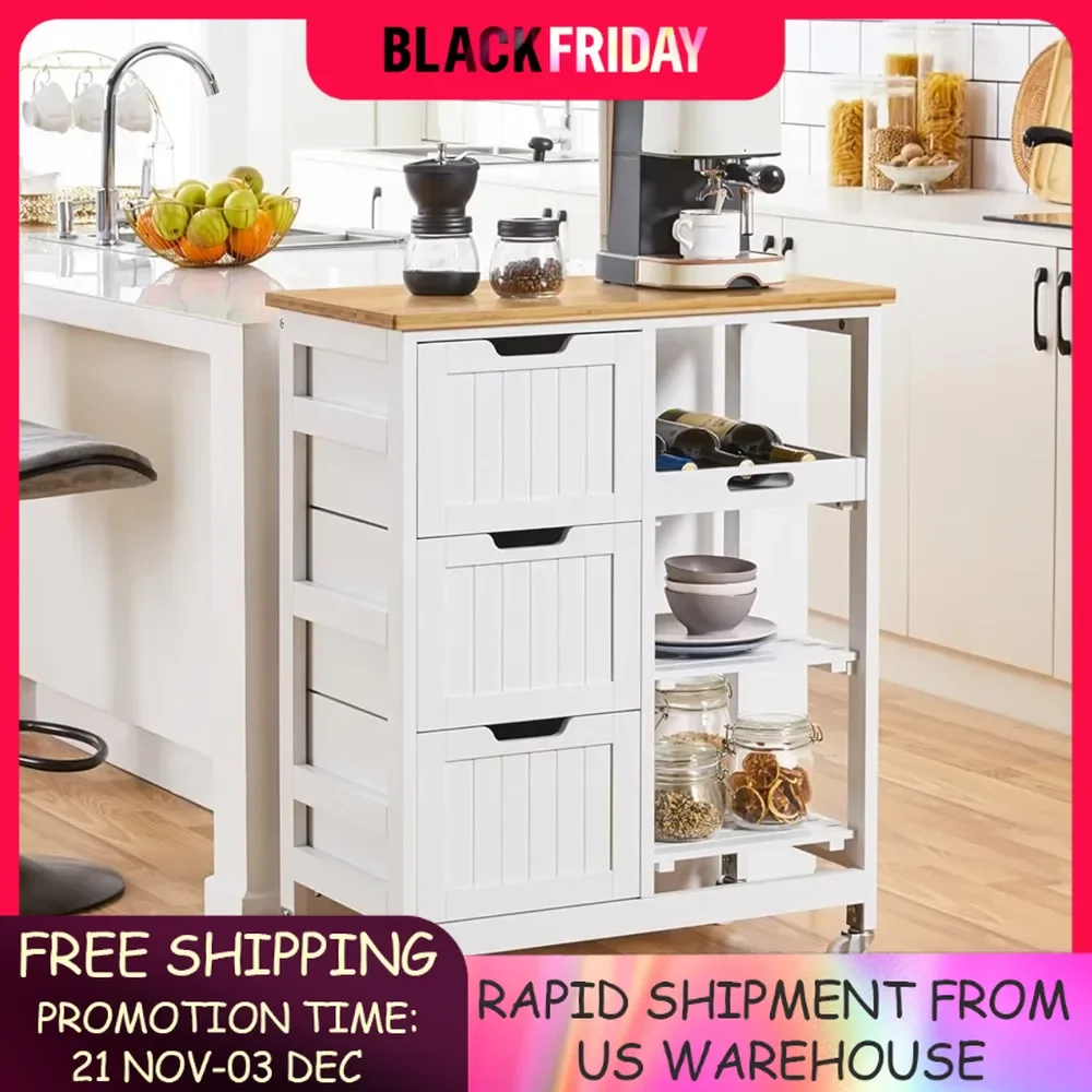 

Kitchen Island Cart with 3 Drawers, 3 Removable Shelves & Lockable Casters Storage Cabinet, Rolling Serving Utility Trolley Cart