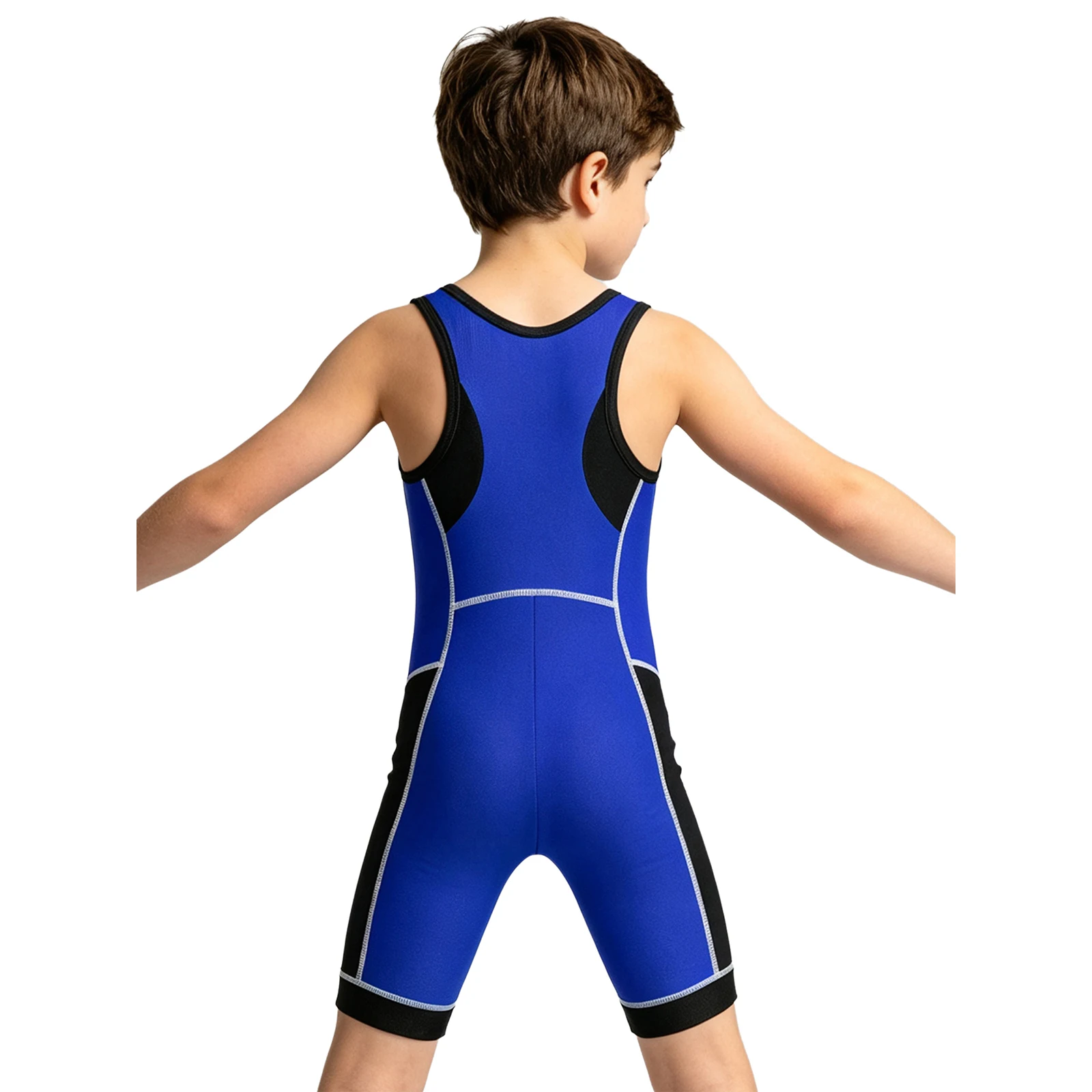 Kinder-Ringertrikot für Jungen und Mädchen, farbblockiert, schnelltrocknend, ärmellos, Oberschenkel-lange Bodysuit für Sport, Training, Übungen und Radfahren – Detail 22