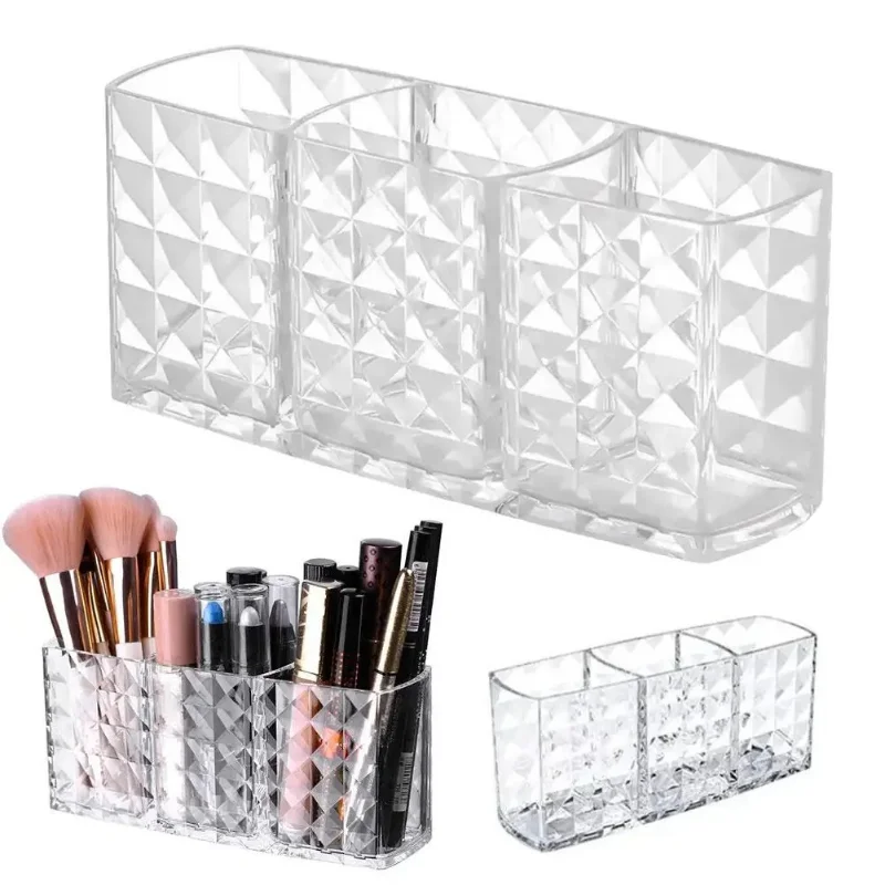 Clear Acrylic Cosmetic Storage Box 3-Hole Makeup Brush Holder Desktop Student Pen Holder Home Jewelry Sundries Organizer