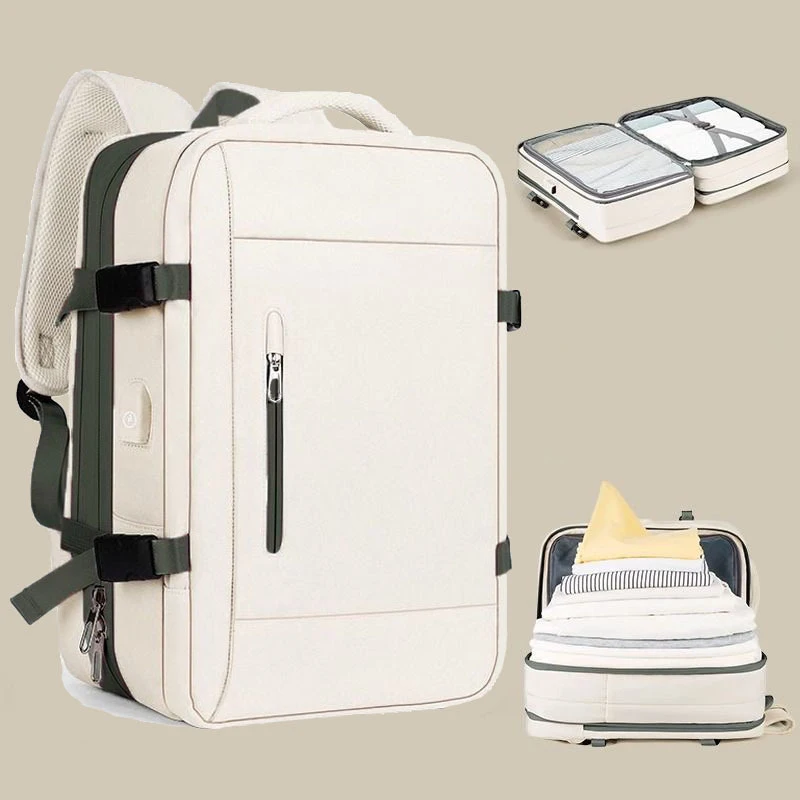 Beige Travel Backpack with 180° Opening USB Charging Port Multi Compartment Organizer for Classified Storage Luggage Supplies