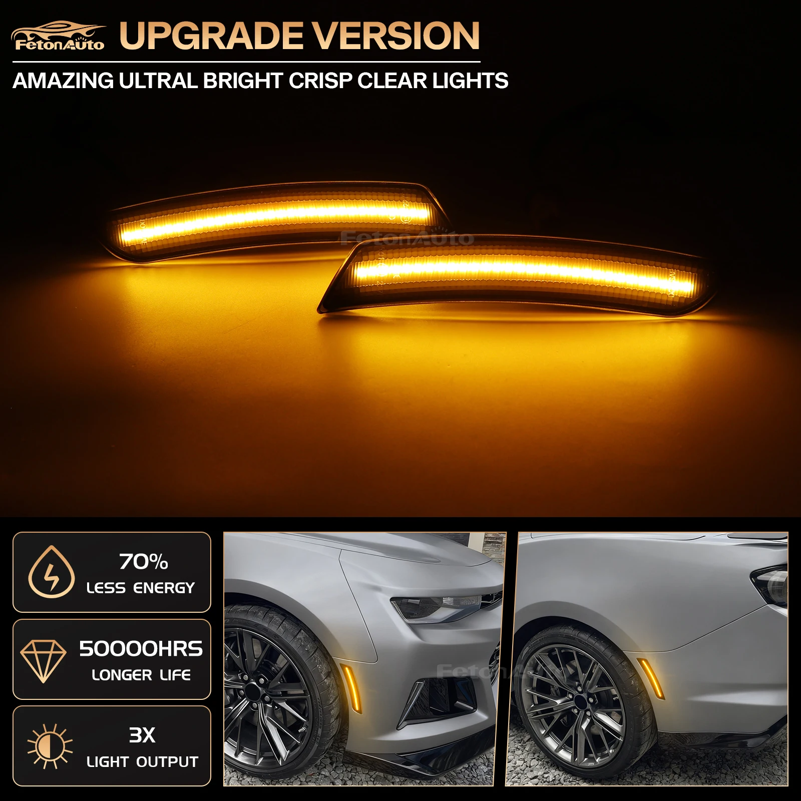 For Chevy Camaro 2016-2023 Smoked Lens Front Amber Rear Red Full LED Car Side Marker Light Kit Wheel Arch Lights 12V