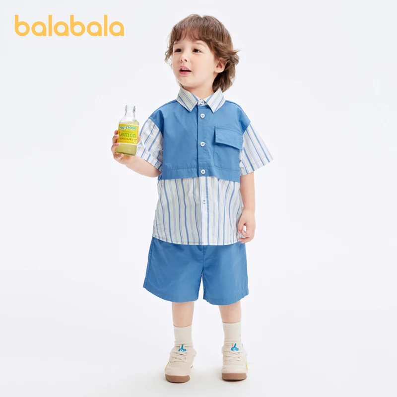 Balabala Children Clothing Boy Set Baby Short Sleeve Two-Piece Set 2024 Summer New Color Block Utility Style