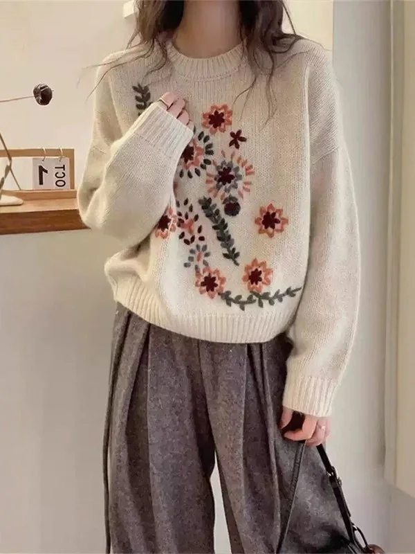 

Retro Japanese Sle round Ne Knitted Sweater Women's Autumn Winter Thiened Loose Knitwear Soft Plant Floral Patterned