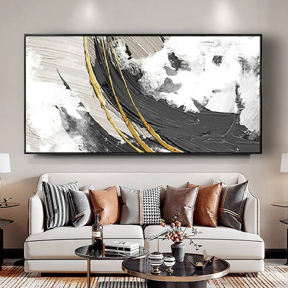 

Nordic Abstract Black And White Textured Gold Lines Pop Canvas Oil Painting Modern Paintings Decor Living Room Wall Art Pictures