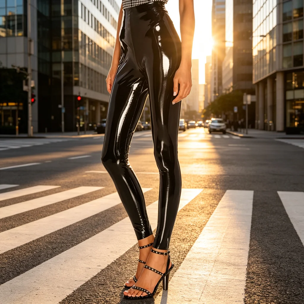 Women's High-Waist Shiny Faux Leather Pencil Trousers Stretch PU Skinny Leggings Slim Fit Ankle Length Sexy Clubwear Night Party