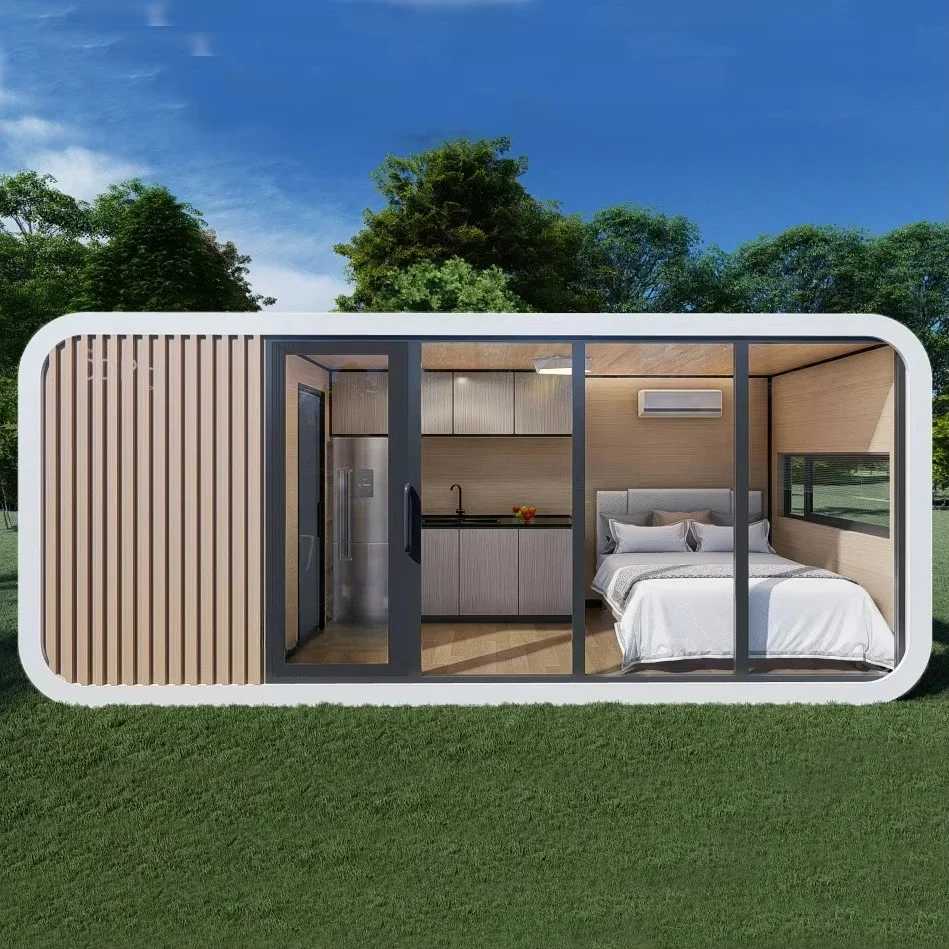

yj19 Cheap Modular Garden Portable Assembled Prefab Capsule Apple Cabin Bungalow Bar Office Pod With Terrace