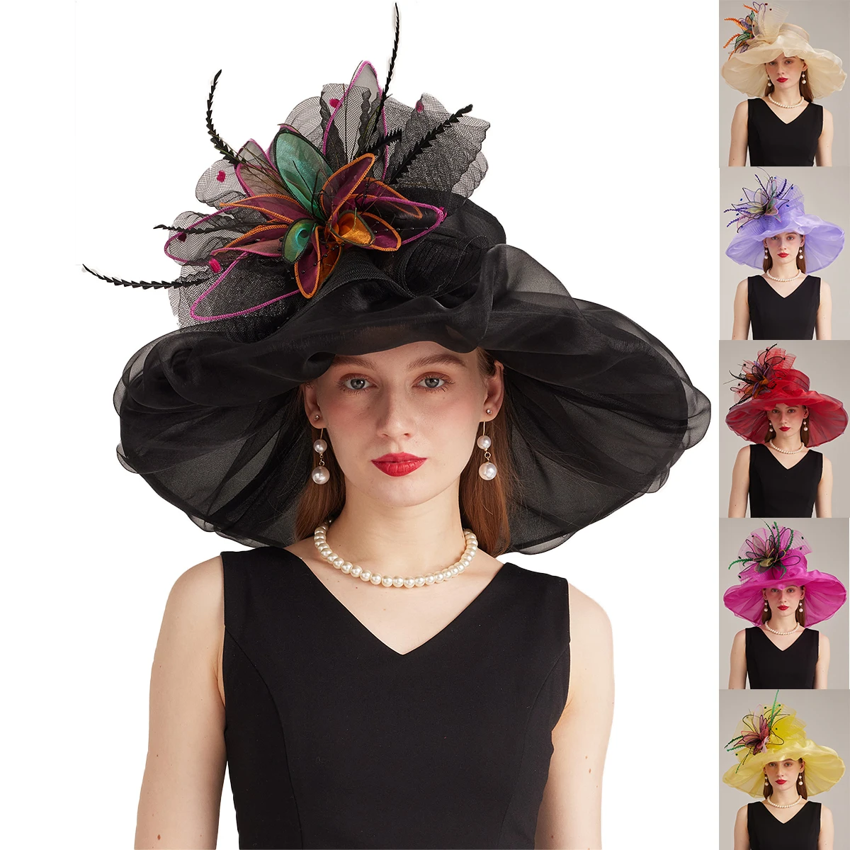 FS Black Purple Organza Fascinator Kentucky Derby Hat With Flower Feather Church Hats For Women Elegant Wedding Tea Party Cap