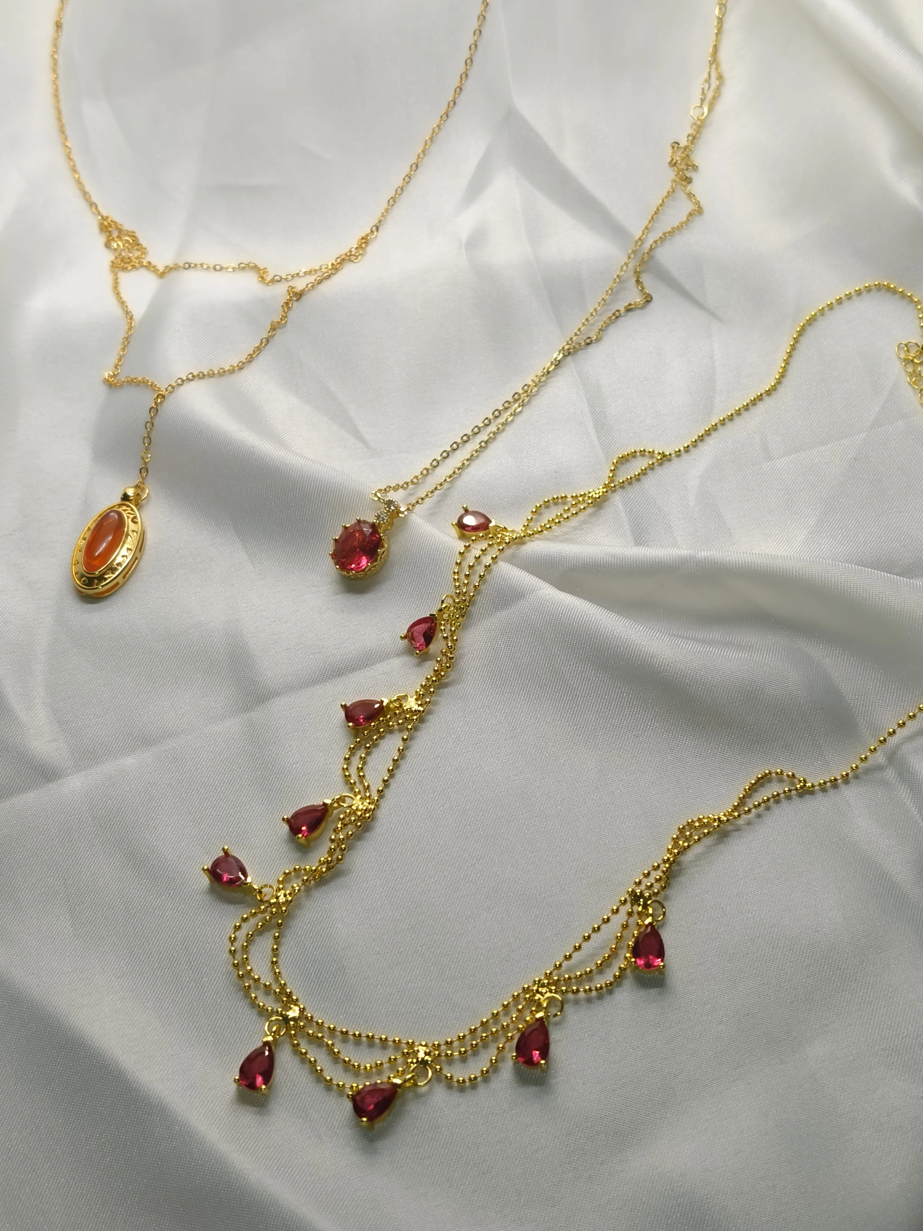 

Vintage 18K Real Gold Plated Long Chain Natural Ruby Garnet Pendant Lace Necklaces For Women Party Versatile Rococo Fine Jewelry