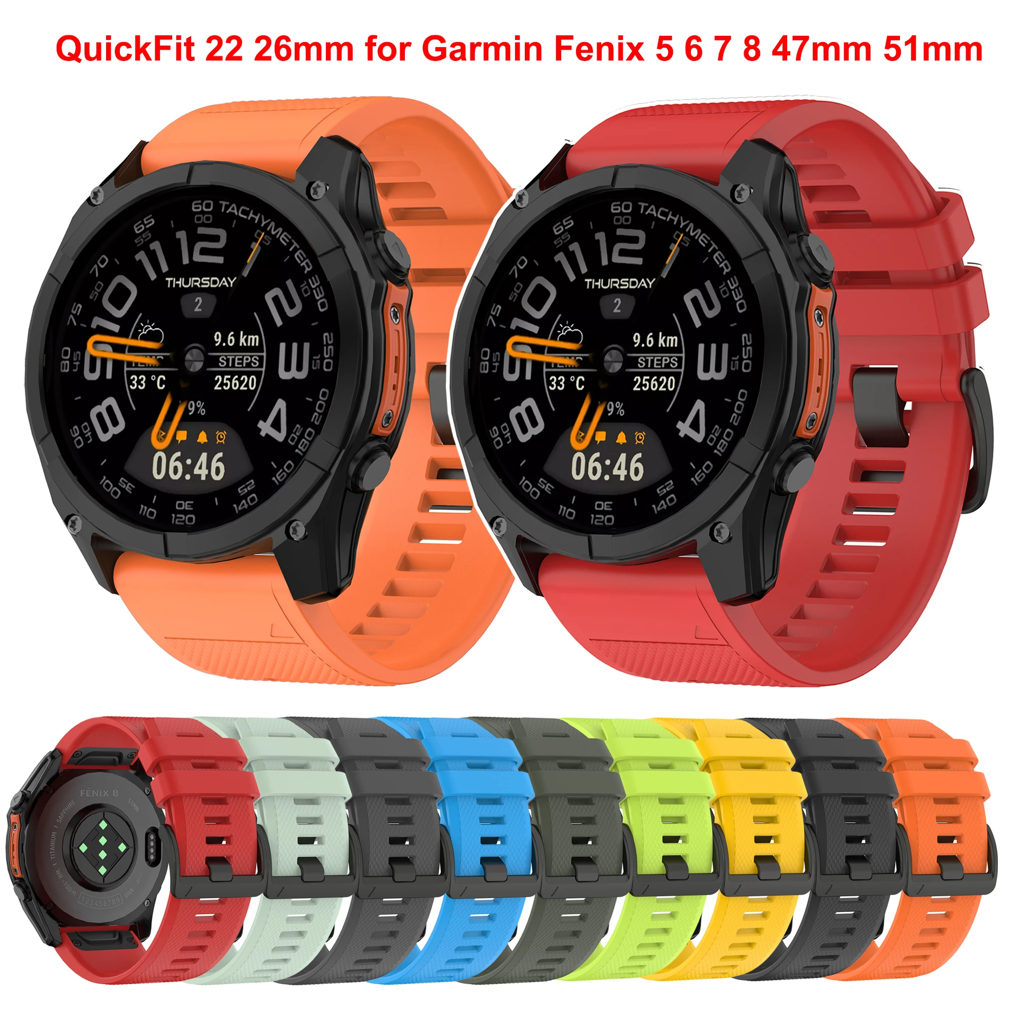 

QuickFit 22 26mm Silicone Strap for Garmin Fenix 5 5X Plus 6 6X Pro 7 7X Fenix8 47 51mm Epix Gen2 965 quatix 7 8 Bracelet correa