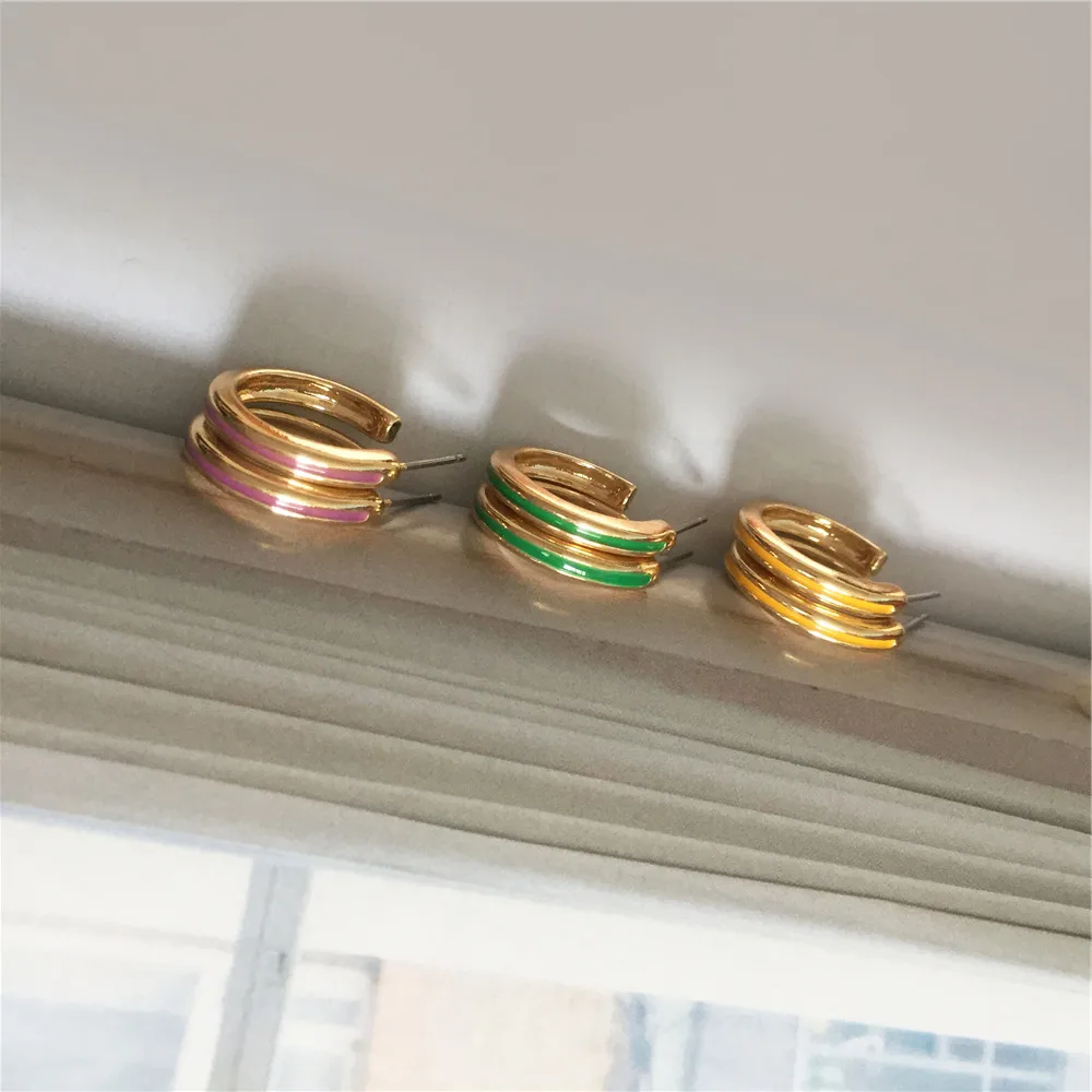 3 Pair in 1 Set Gold Color Hoop Monochrome Epoxy Earrings C Shape Round Thin Chunky Earrings Jewelry