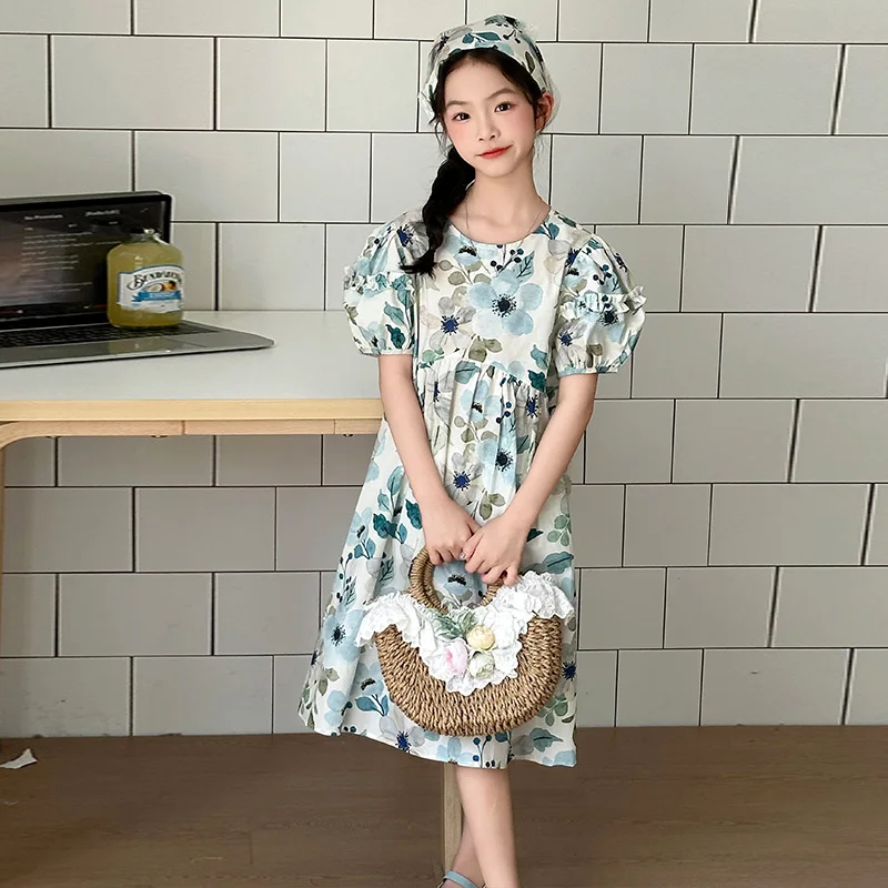 2025 high-quality Tencel cotton dress for girls summer short sleeved children's printed princess dress holiday gift skirt