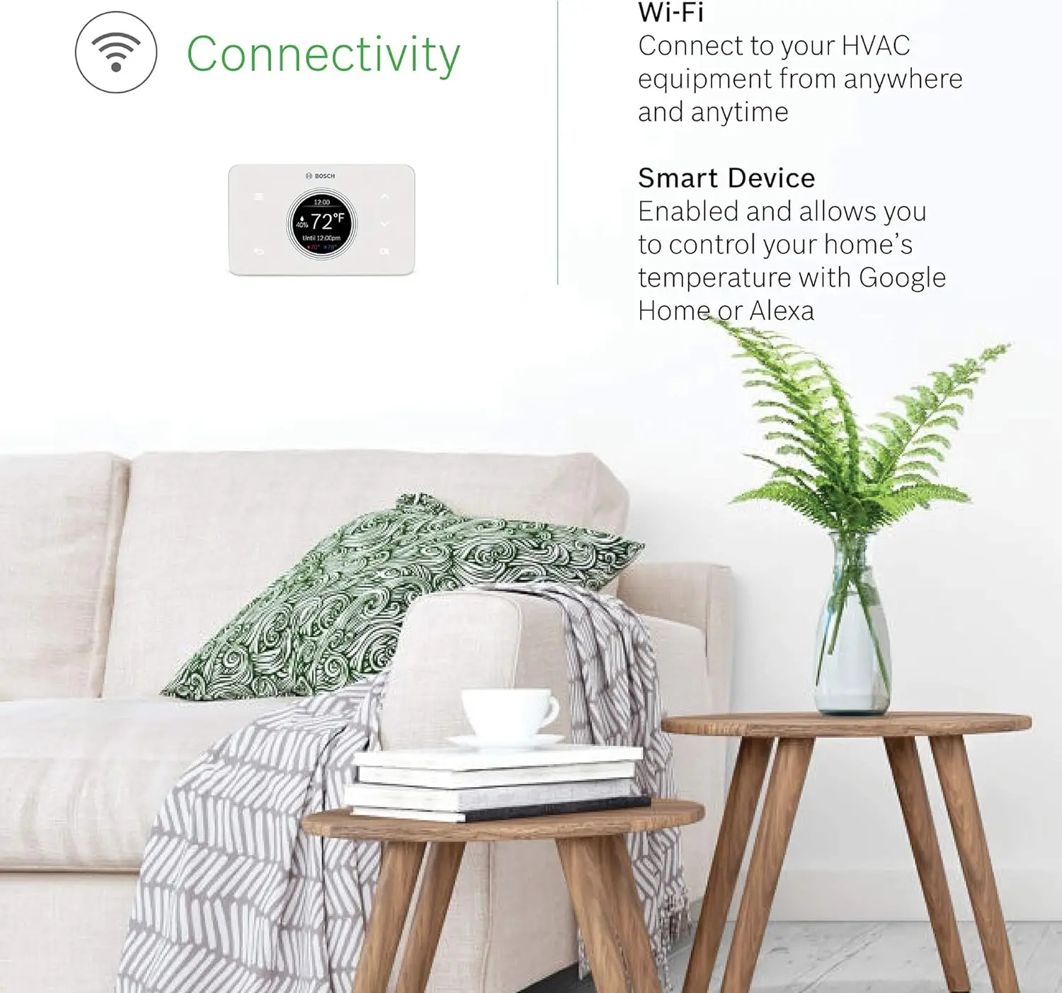 Termostato Wi-Fi BCC50 Connected Bosch Thermotechnology Compatible con Alexa y Google Assistant, todo en uno, pantalla táctil