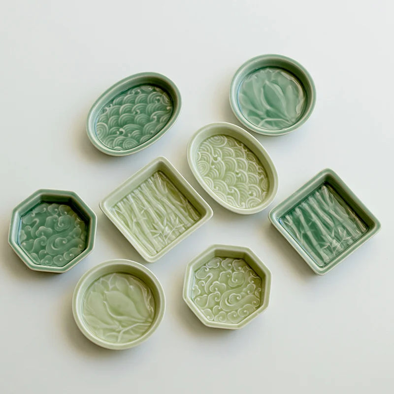 Creative Celadon Embossed Art Fruit Plate Shallow Ceramic Tea Dish Snack Dried Fruit Food Storage Tray Basket Candy Cake Stand