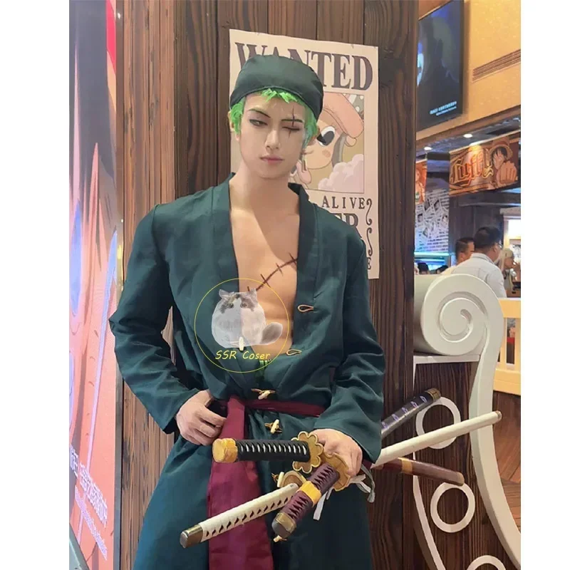 Anime Roronoa Zoro Cosplay Kostuum Uniform Groene Jas Riem Broek Hoofddoek Roronoa Zoro Pruik Oorbellen Halloween Mannen Kleding