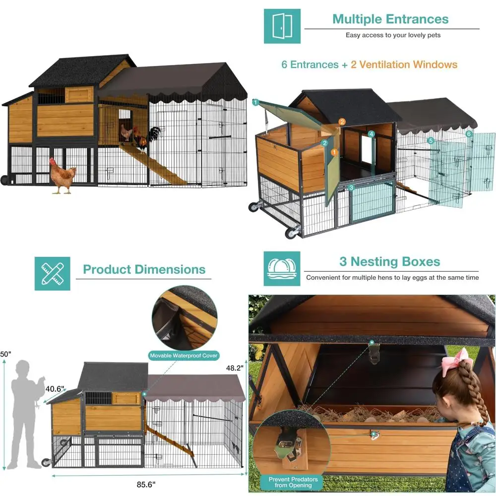 

Портативный курятник из металла и дерева для 4-6 курей с закрытым бегом, площадкой для гнездования и функцией воды