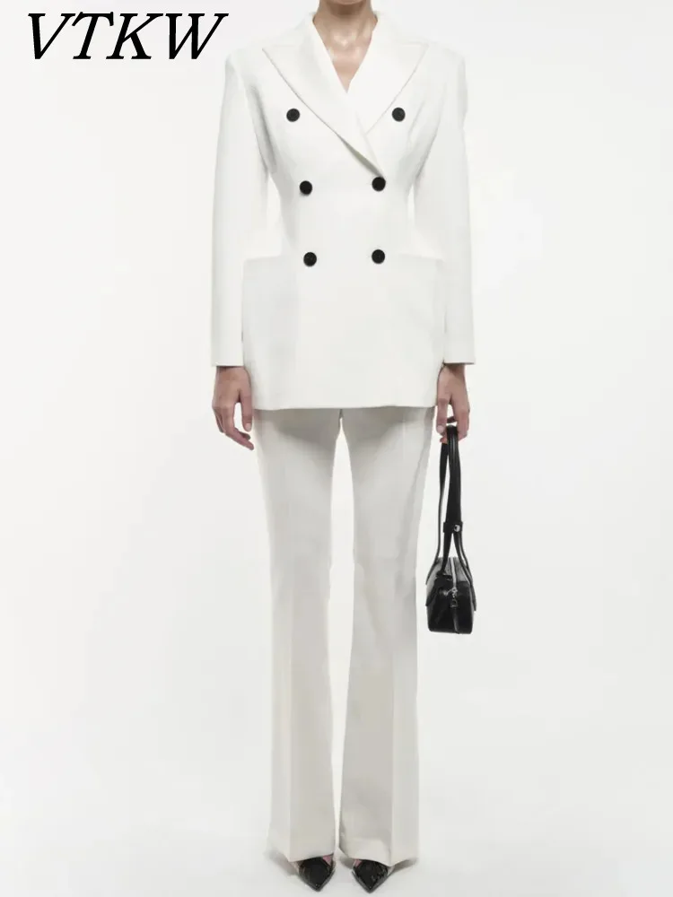 

VTKW 2026 White Double Breasted Blazer And Pants Set Formal Office Suit Slim Fit Long Sleeve Elegant Stylish Two Piece Outfit