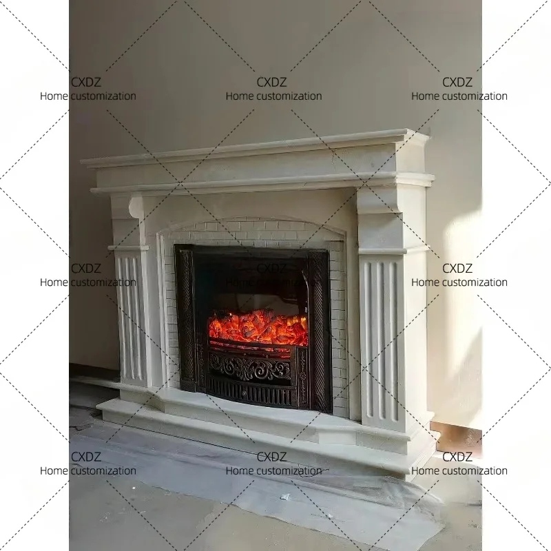 XX Marble carving  fireplace Spanish beige stone  relief flower living room fireplace