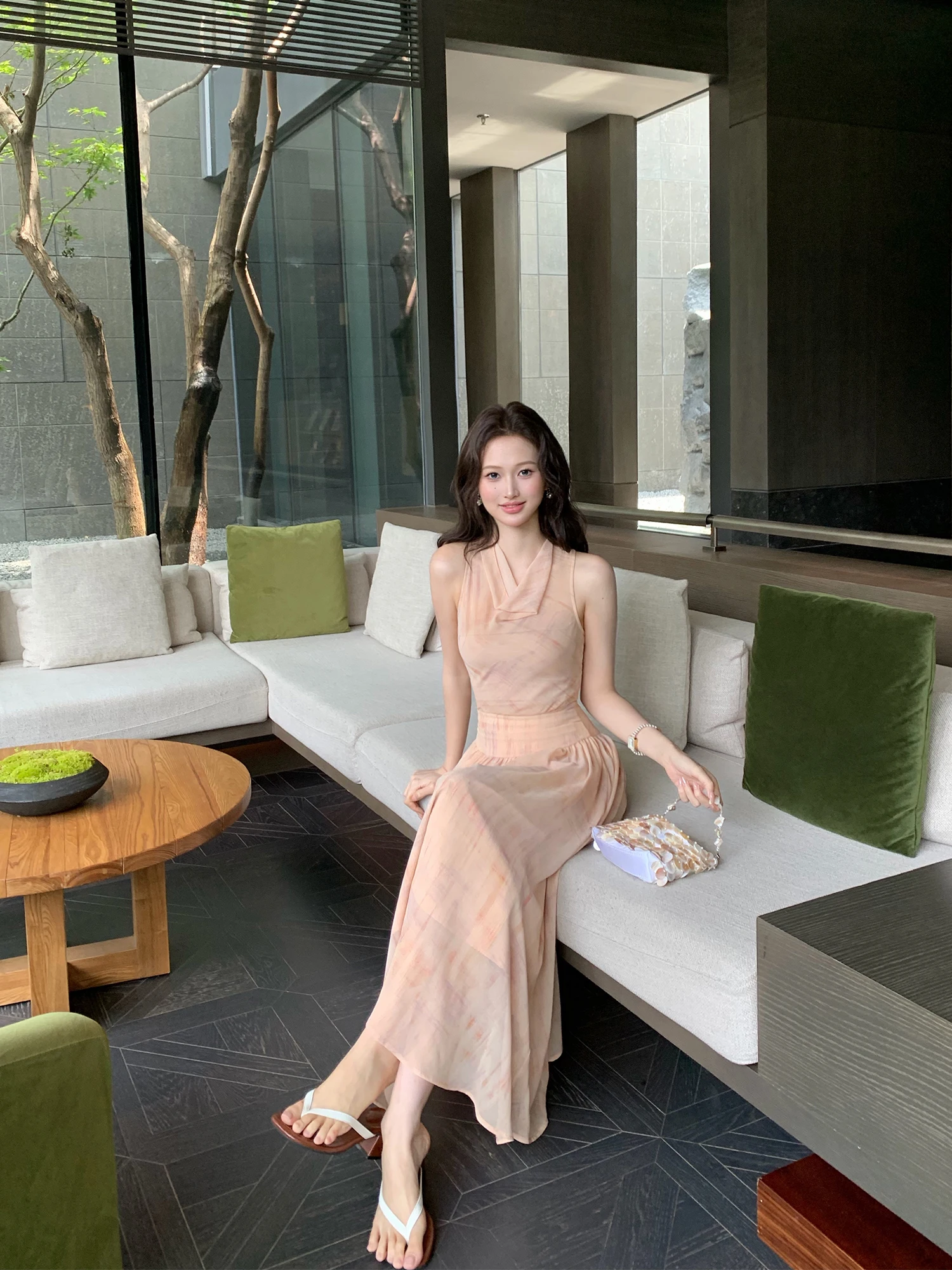 Pusumede Watercolor Sunset Design Sensual Sleeveless Women's Dress Gathered Waist Translucent Long Gown Casual Style Polyeste...