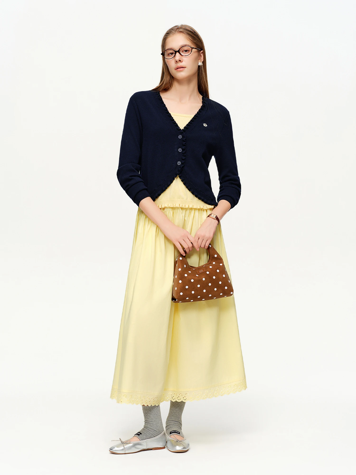 DUSHU 2026 Spring Women's False Two Piece Cardigan Lace Trim Ruffle Collar Short Knit Jacket Y2K Cropped Button Up Top Sweater