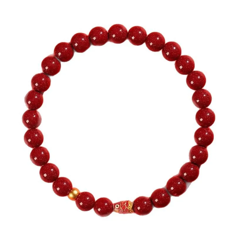 Chinese Style Natural Cinnabar Beaded Bracelet For Women Men Gold Plated Koi Lucky Blessing Good Fortune Wealth Protection Jewel