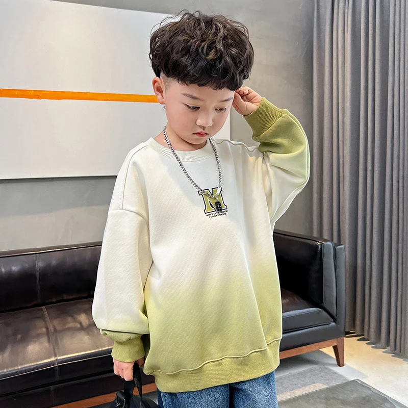 School Boy Gradient Sweatshirts Spring Fall Fashion Korean Cotton Tshirt Clothes For Kids Child Casual Outfit Age 5 7 9 11 13 14