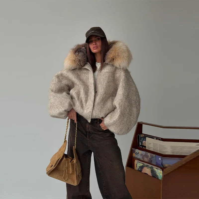 2026 Winter Women Hooded Cotton‑Padded Parka Large Faux Fur Collar Zipper Button Pocket Outerwear