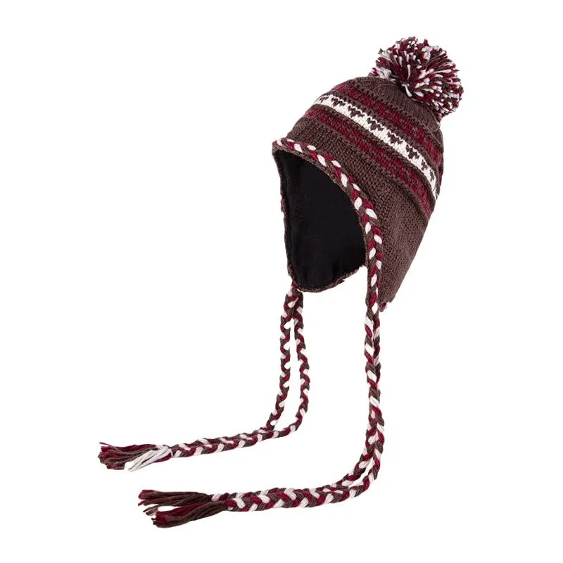 男性と女性のための日本のジャカードニットプルオーバー、冬の飛行帽子、暖かい色の対照的な、タッセルストラップ爆撃機の帽子、屋外