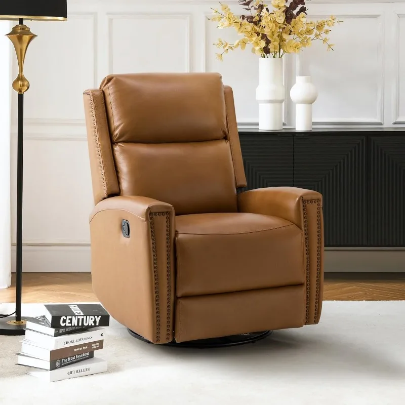 

Genuine Leather Swivel Rocker Recliner, Manual Glider Recliner Chair with Adjustable Backrest & Footrest, Modern Hom