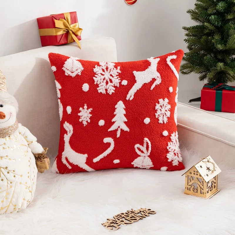 Christmas Pillow Covers Fuzzy Snowflake Reindeer Jacquard Cushion Covers Pillow Cases for Sofa, Couch, Bed