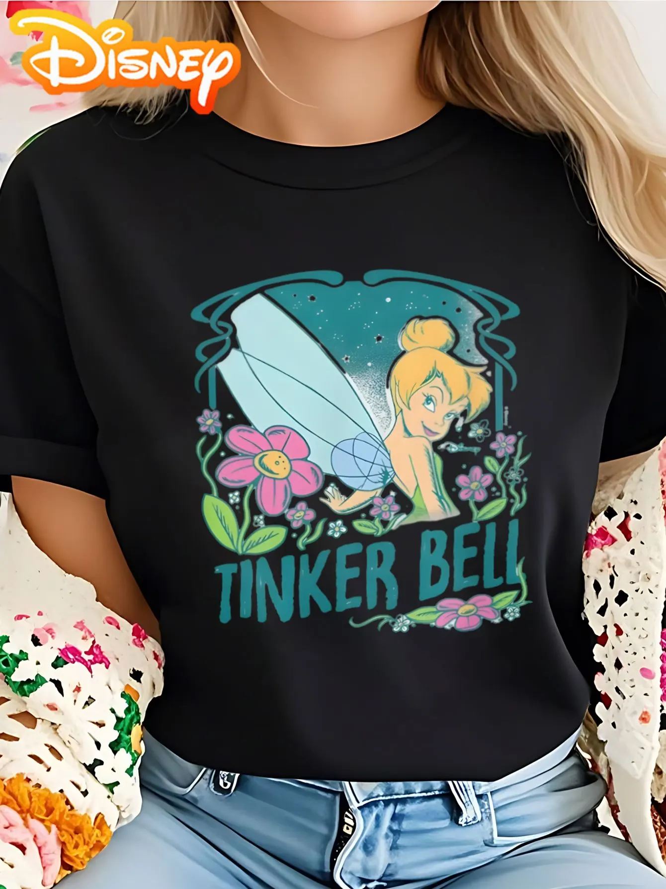 

Tinker Bell Floral Print T-shirt - Casual Round Neck, Short Sleeved Top with Cartoon Print - Machine Washable