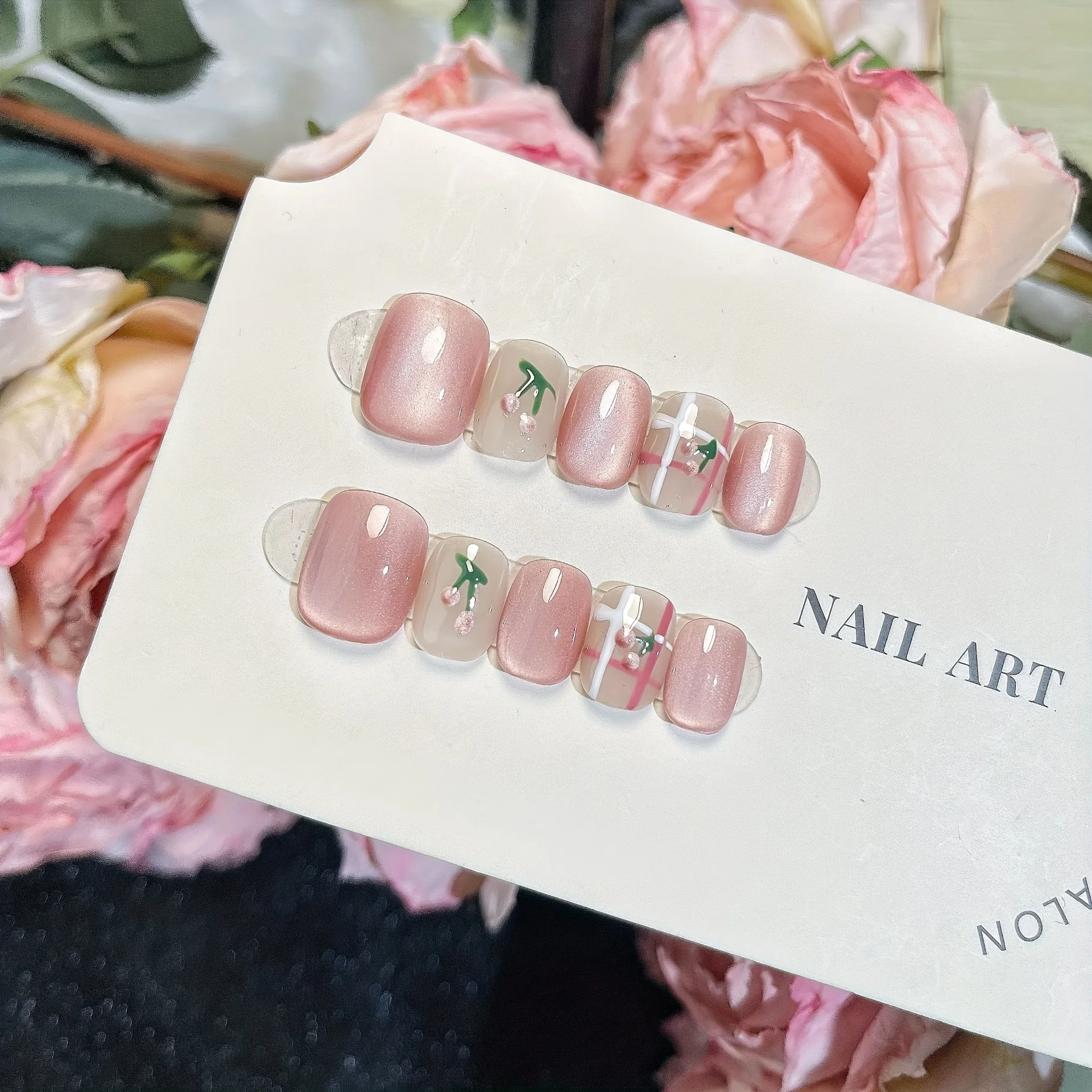 

10pcs Handmade Press on Nails Flashing Cherry Blossom Checkered Full Coverage Nail Plate for Women&Girl Removable Wearable Nail
